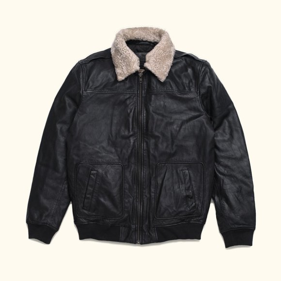 Bashwood Handmade Black Leather Bomber Fur Collar Jack